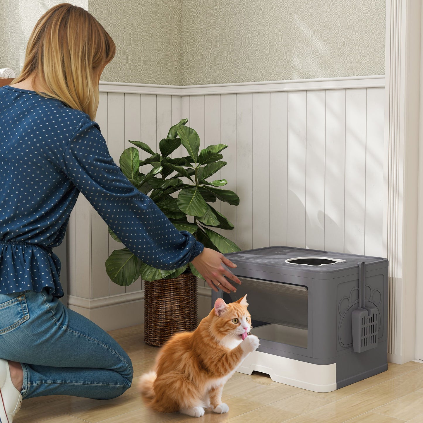 PawHut Katzentoilette Katzenklo Katzentoillete mit Abdeckung, 2 Ausgänge, 48,5 x 38 x 36,5 cm, Grau + Weiß