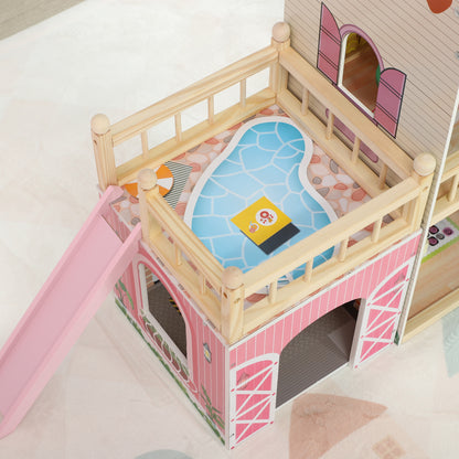 AIYAPLAY Puppenhaus, 3 Etagen, 13 Möbelstücke, Garage, Rutschen & Balkon, 114 x 32 x 92 cm, Rosa