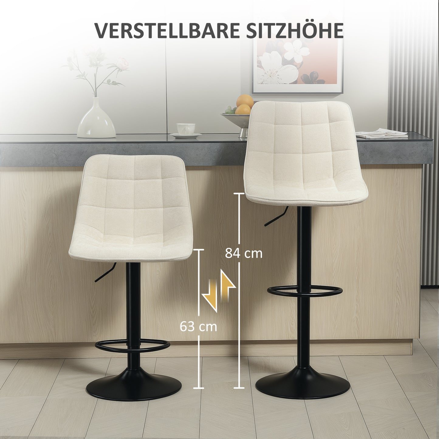HOMCOM Moderner Barhocker, 2er-Set drehbare Barstühle mit Rückenlehne, höhenverstellbar, mit Fußstütze, gepolstert, بيج
