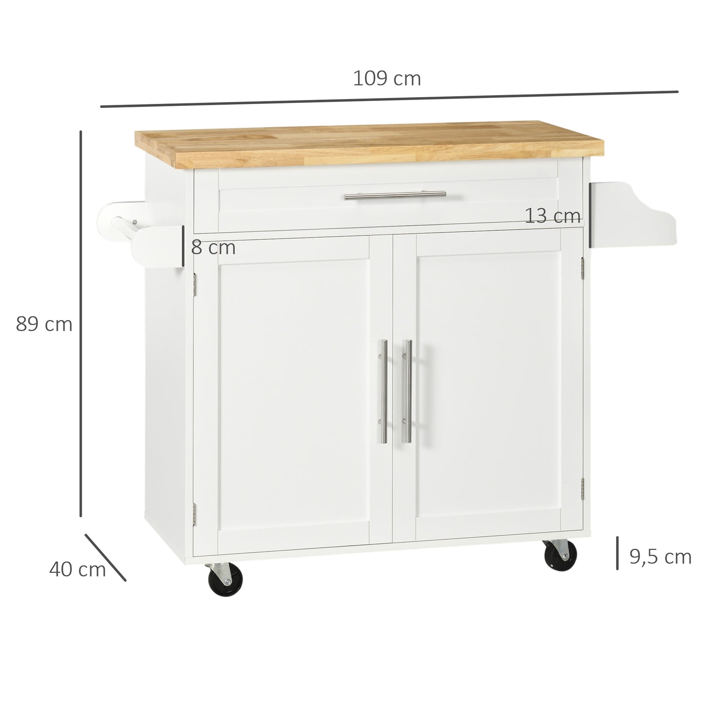 HOMCOM Küchenwagen Servierwagen Kücheninsel, 1 Gewürzregal, 1 Handtuchhalter, 109 cm x 40 cm x 89 cm, Weiß