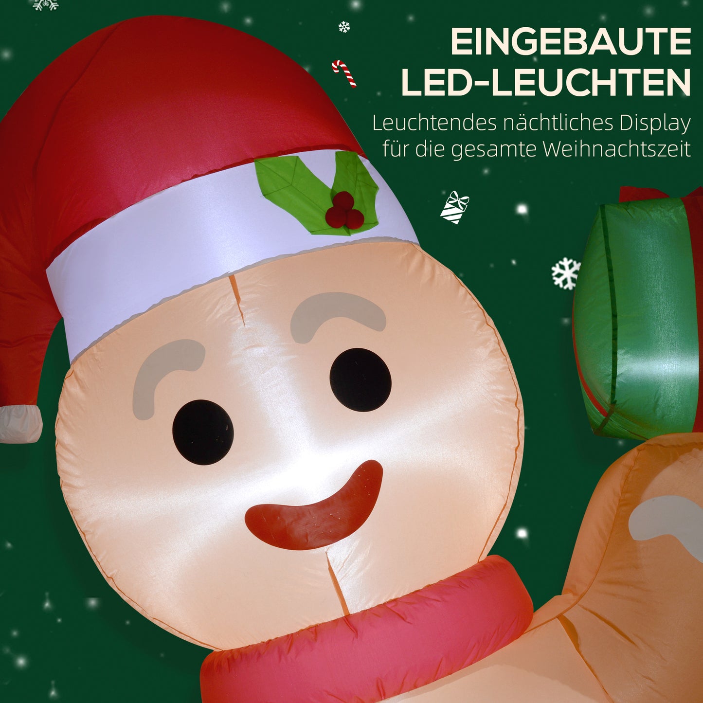 Outsunny Lebkuchenmann mit Zuckerstange, 2,45 m groß, aufblasbar, weiße LED-Beleuchtung, 170 x 100 x 245 cm
