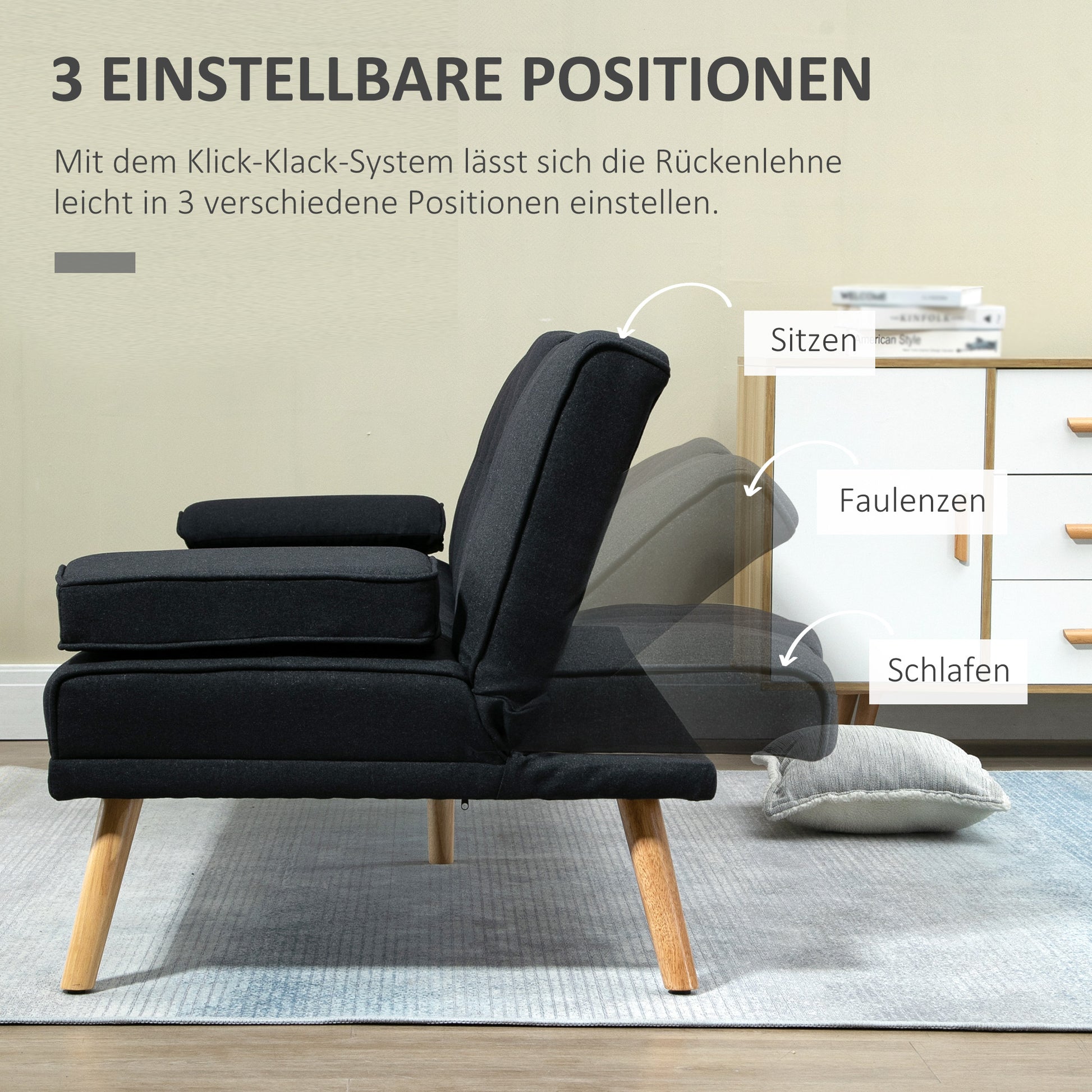 HOMCOM Schlafsofa, Gästebett, verstellbare Rückenlehne, klappbarer Tisch, 181x77x78 cm, Schwarz