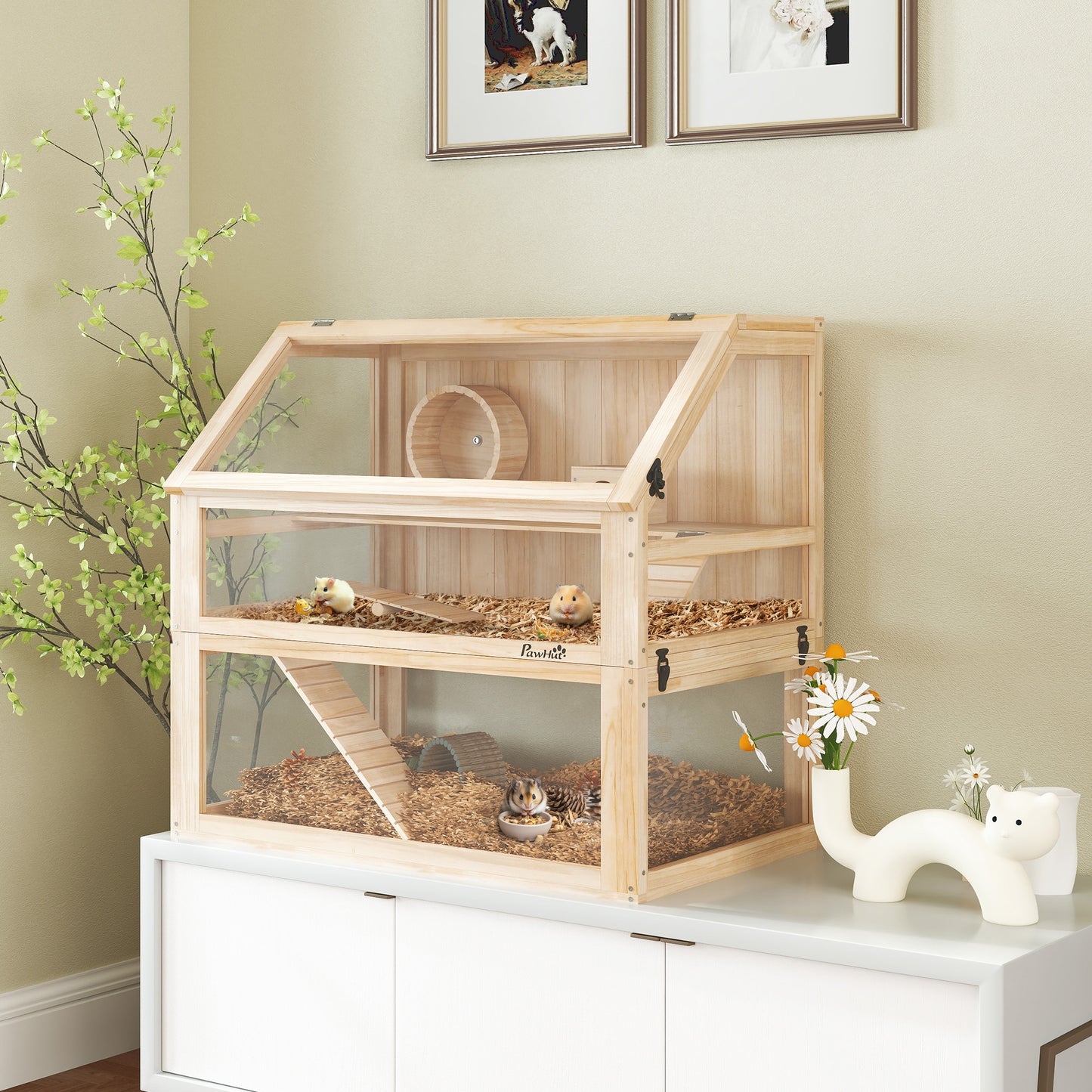 PawHut Hamsterkäfig aus Holz 3 Etagen Nagarium Nagerkäfig mit klappbarem Deckel Laufrad 80 x 50 x 76 cm Naturholz