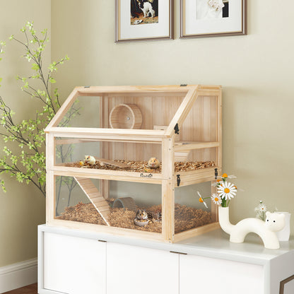 PawHut Hamsterkäfig aus Holz 3 Etagen Nagarium Nagerkäfig mit klappbarem Deckel Laufrad 80 x 50 x 76 cm Naturholz