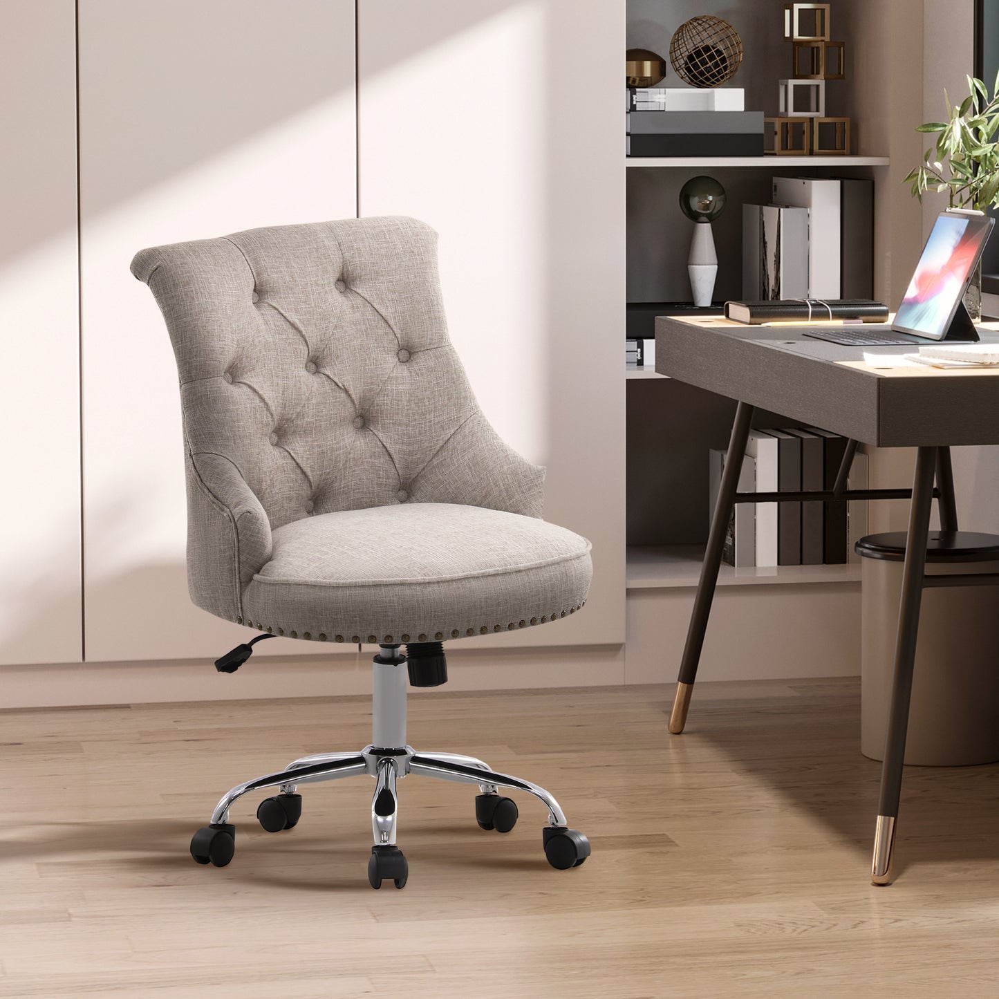 HOMCOM Drehstuhl mit Rollen Polsterstuhl Chefsessel 360° drehbar 150 kg Belastbar Höhenverstellbar Leinen Metall Hellgrau 54 x 65,5 x (84–91) cm