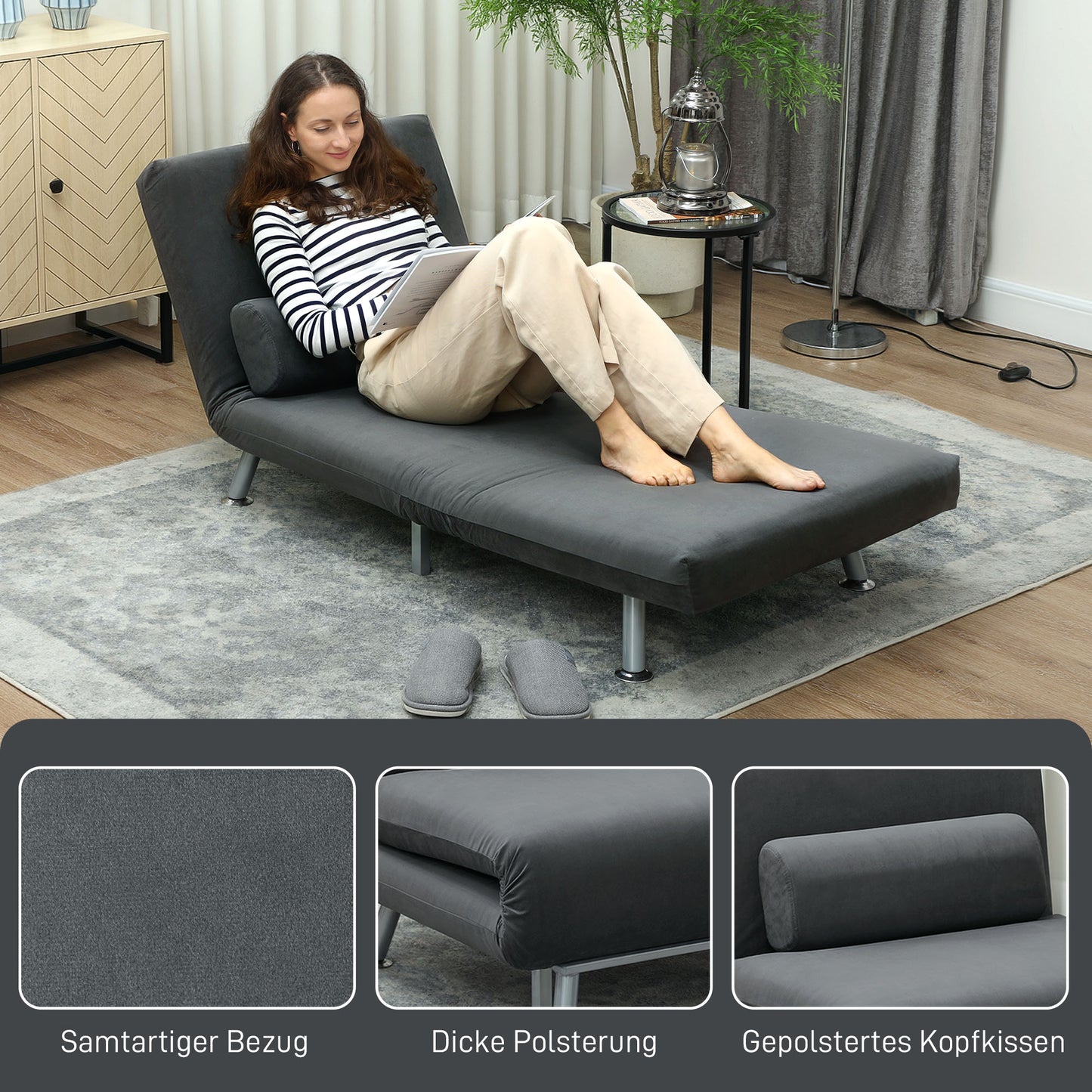 HOMCOM Klappsessel mit Bettfunktion, klappbarer Relaxsessel in Samtoptik, Verstellbare Rückenlehne, 75 x 70 x 75 cm, Dunkelgrau