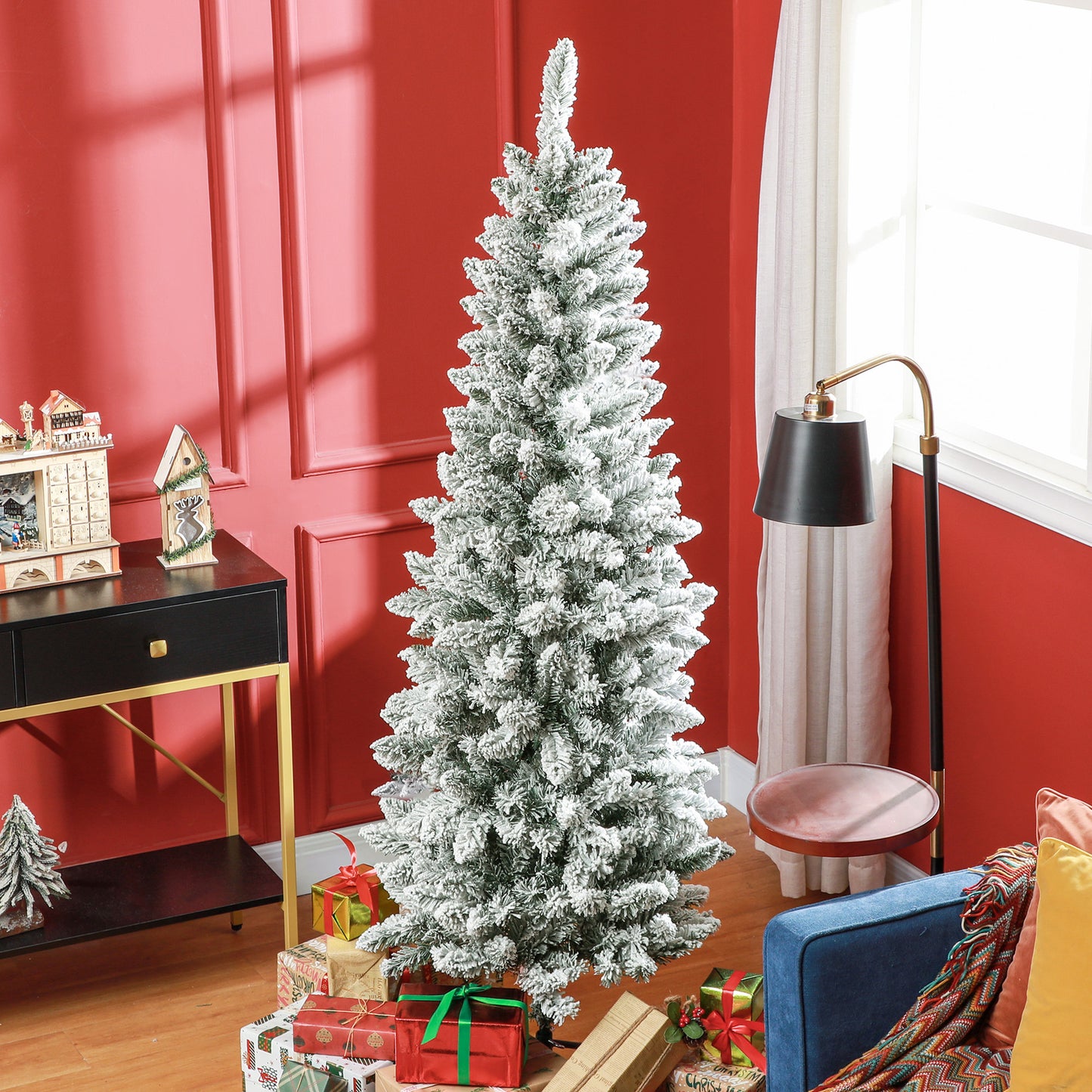 HOMCOM Künstlicher Weihnachtsbaum, schlanke Form, Kunstschnee, dreiteilig, flammhemmend, Metallfuß, 183 cm, Grün