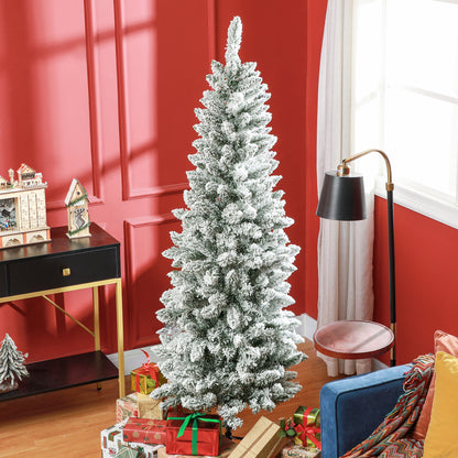 HOMCOM Künstlicher Weihnachtsbaum, schlanke Form, Kunstschnee, dreiteilig, flammhemmend, Metallfuß, 183 cm, Grün