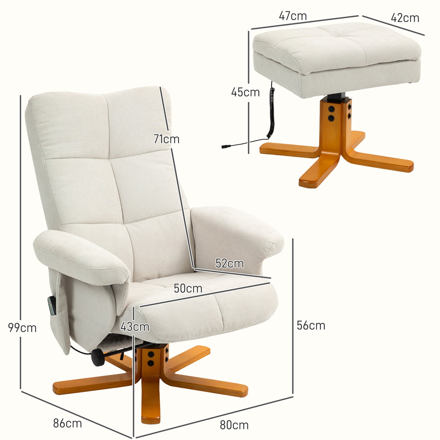 HOMCOM Massagesessel mit Liegefunktion und Fußhocker, 145°-Neigung, Polyester, 80 x 86 x 99 cm, Cremeweiß