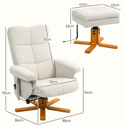 HOMCOM Massagesessel mit Liegefunktion und Fußhocker, 145°-Neigung, Polyester, 80 x 86 x 99 cm, Cremeweiß