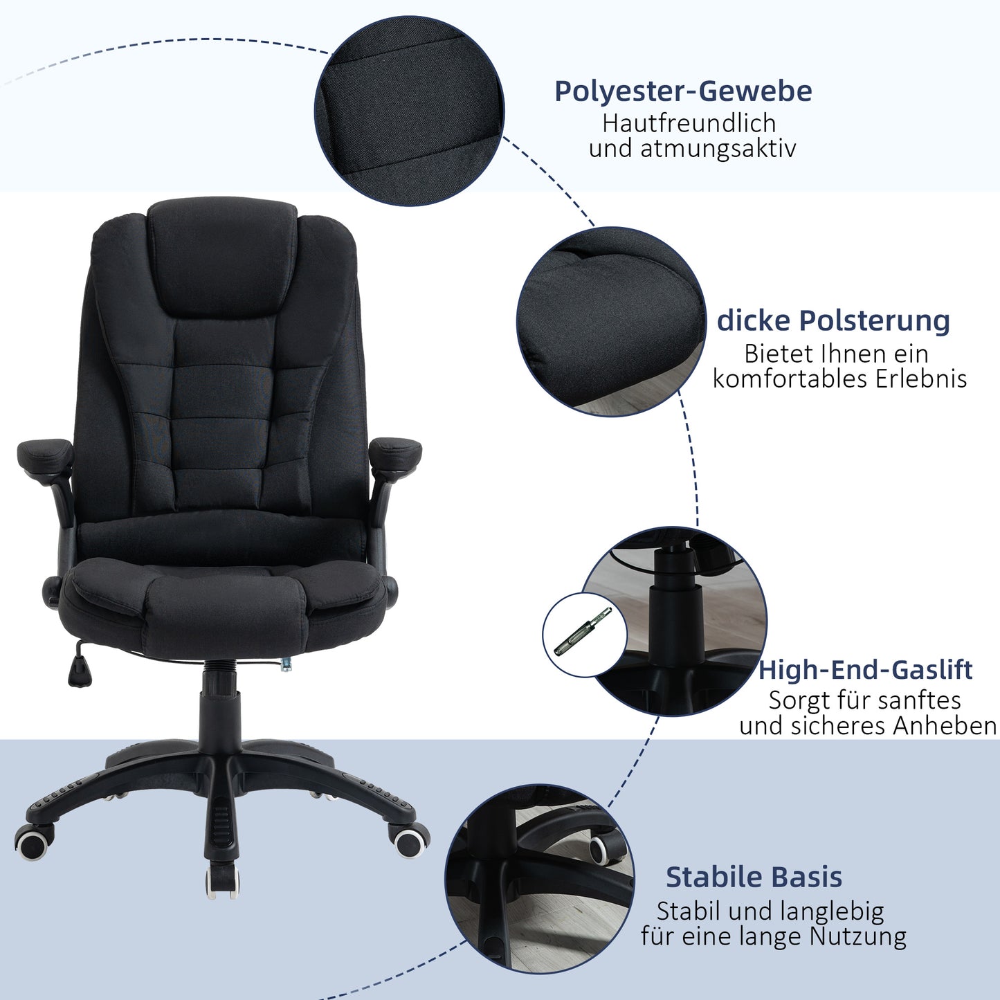 Vinsetto Bürostuhl Computerstuhl entspanntes Hinlegen höhenverstellbarer Schreibtischstuhl ergonomisch 360° Schaumstoff Kunststoff-Kunststoff leinenartiges Polyester Schwarz 65 x 72 x 100-120 cm