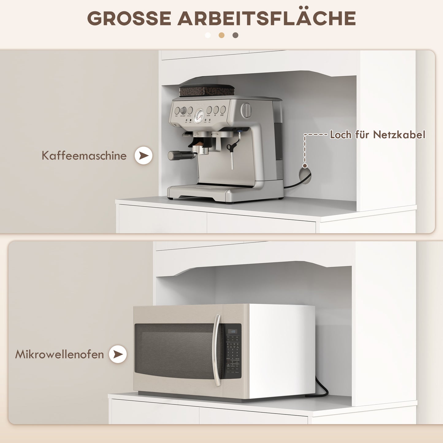 HOMCOM Freistehender Küchenschrank mit Arbeitsplatte für Mikrowelle, Kaffeemaschine, Schränke, Glastüren, Weiß