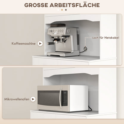 HOMCOM Freistehender Küchenschrank mit Arbeitsplatte für Mikrowelle, Kaffeemaschine, Schränke, Glastüren, Weiß