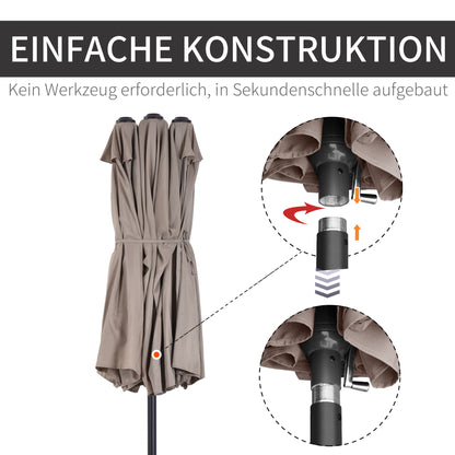 Outsunny Doppelsonnenschirm 455 x 270 cm Gartenschirm mit Handkurbel oval stabil Metallstange Marktschirm Doppelsonnenschirm Terrassenschirm Sonnenschutz für Strand Balkon Terrasse Garten Hellkaffee