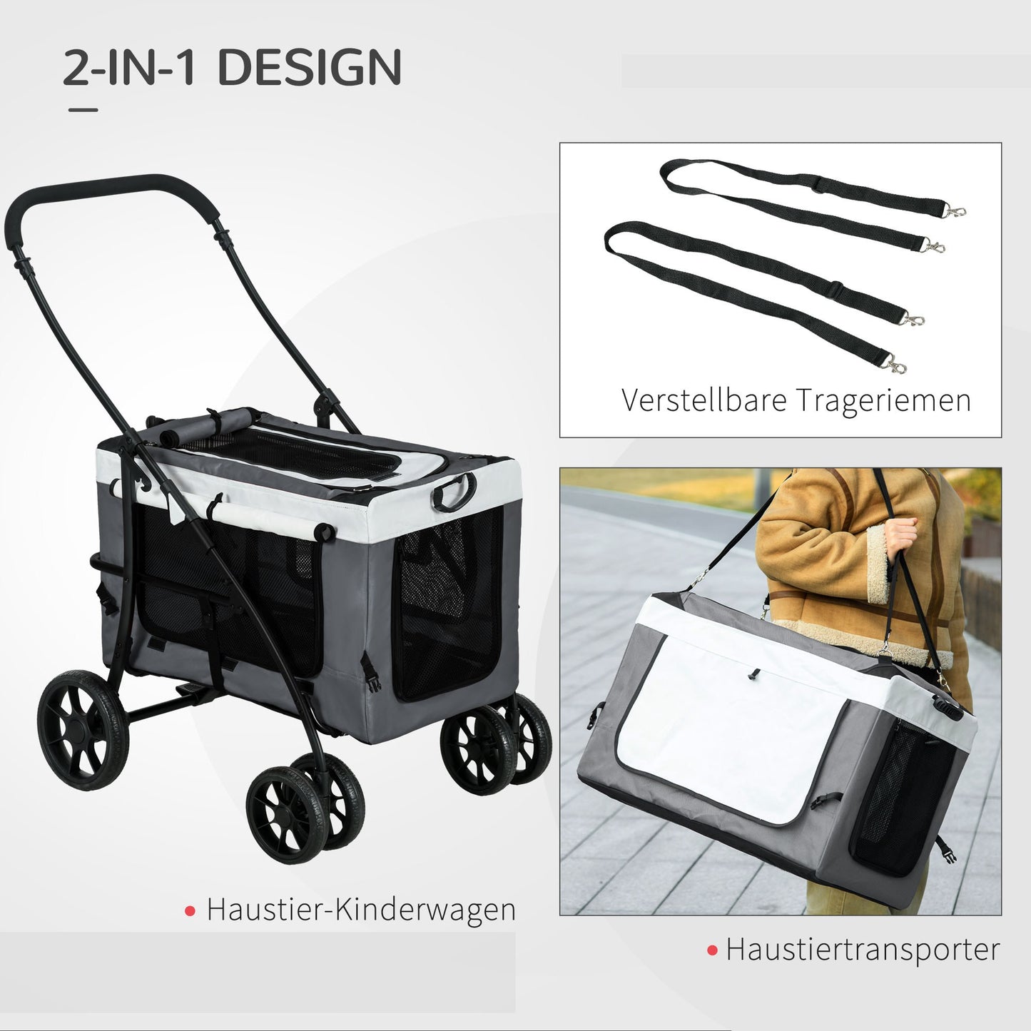 PawHut Hundbuggy Haustierbuggy bis 10kg klappbar abnehmbarer Korb 81 x 58 x 97,5 cm Schwarz + Grau + Weiß