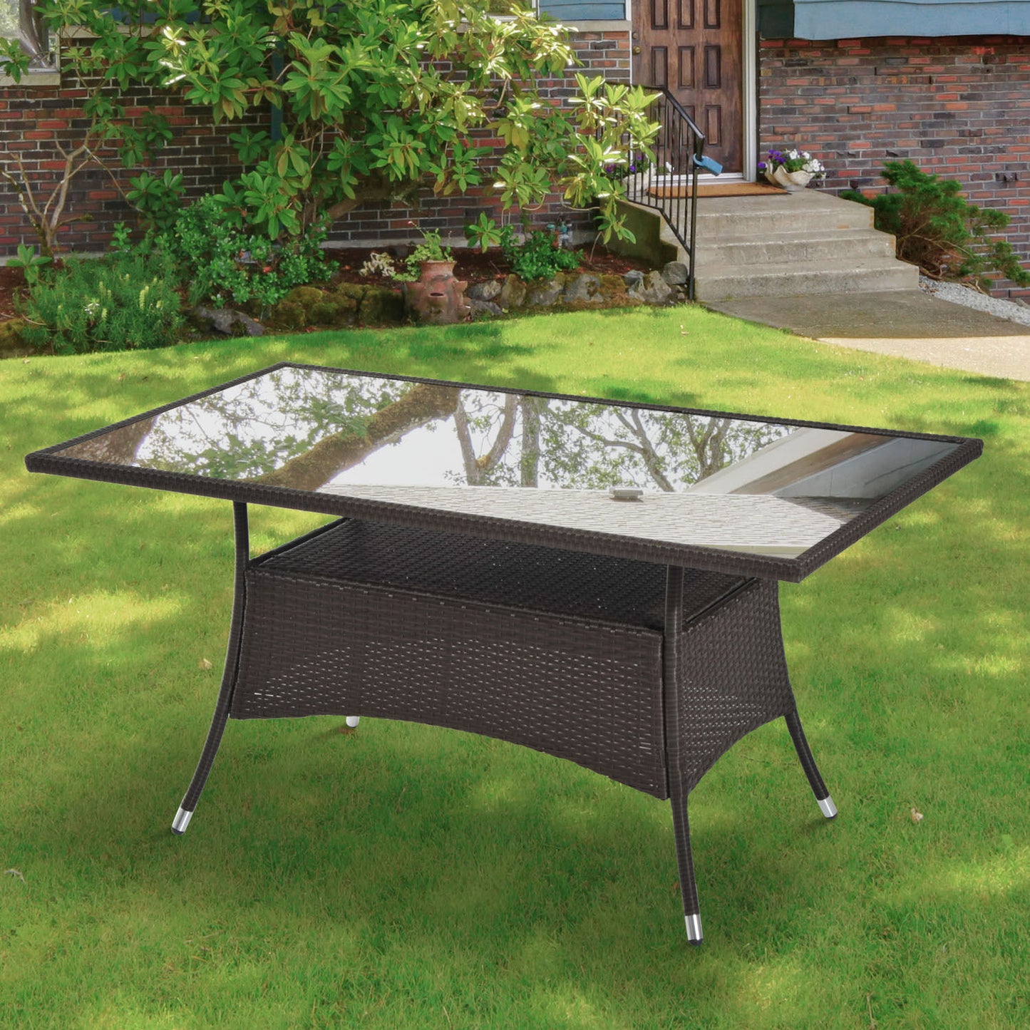 Outsunny Gartentisch Glastisch Esstisch Gartenmöbel Tisch, Polyrattan+Sicherheitsglas, Braun+Schwarz, 150x85x74cm