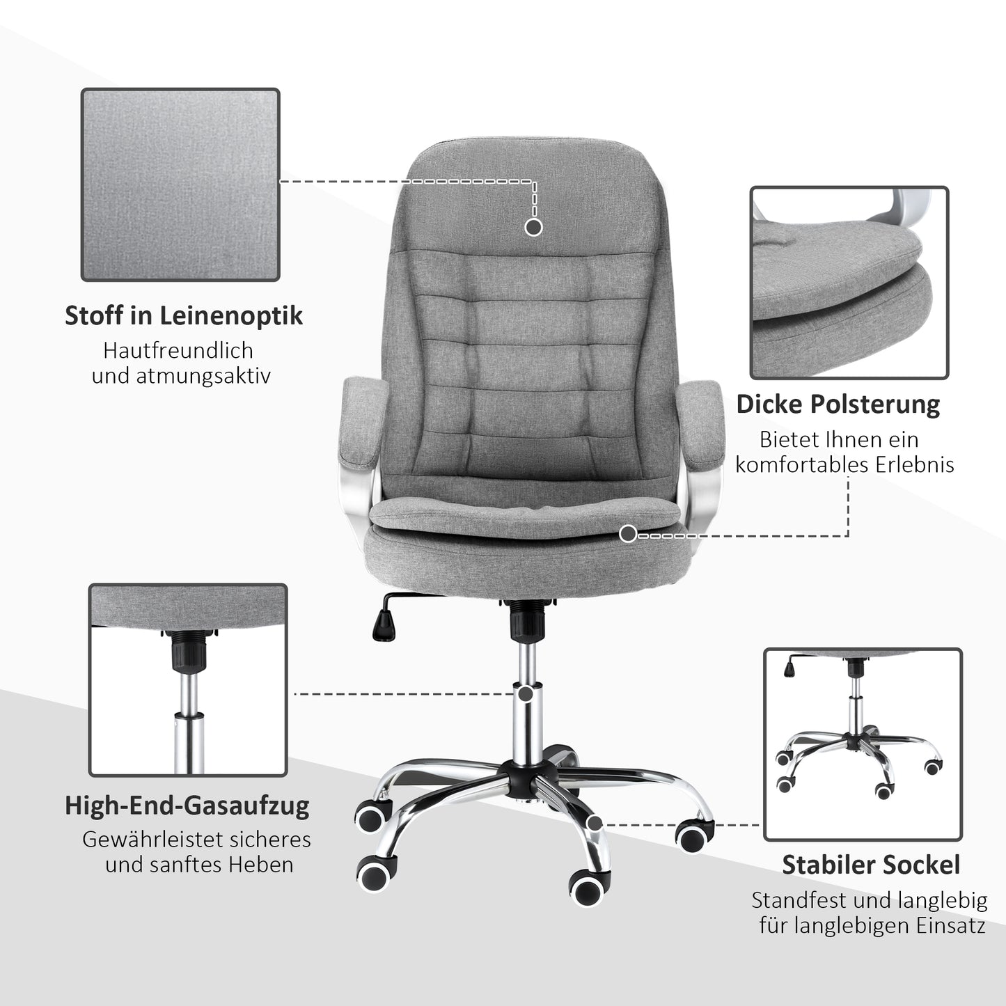 Vinsetto Bürostuhl Arbeitsstuhl Schreibtischstuhl Drehstuhl 360° Ergonomisch Wippfunktion Höhenverstellbar Grau Leinen 64 x 75 x 111-121 cm
