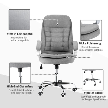 Vinsetto Bürostuhl Arbeitsstuhl Schreibtischstuhl Drehstuhl 360° Ergonomisch Wippfunktion Höhenverstellbar Grau Leinen 64 x 75 x 111-121 cm