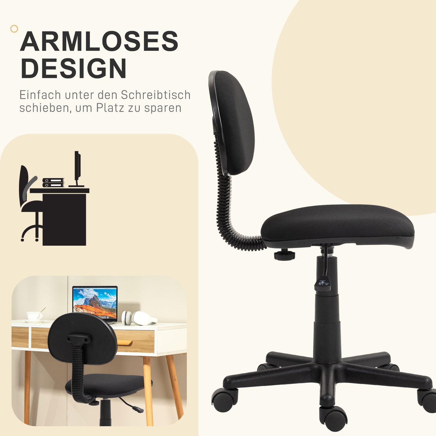 HOMCOM Bürostuhl, armloses Design, niedrige Rückenlehne, rollbar, drehbar, Schwarz