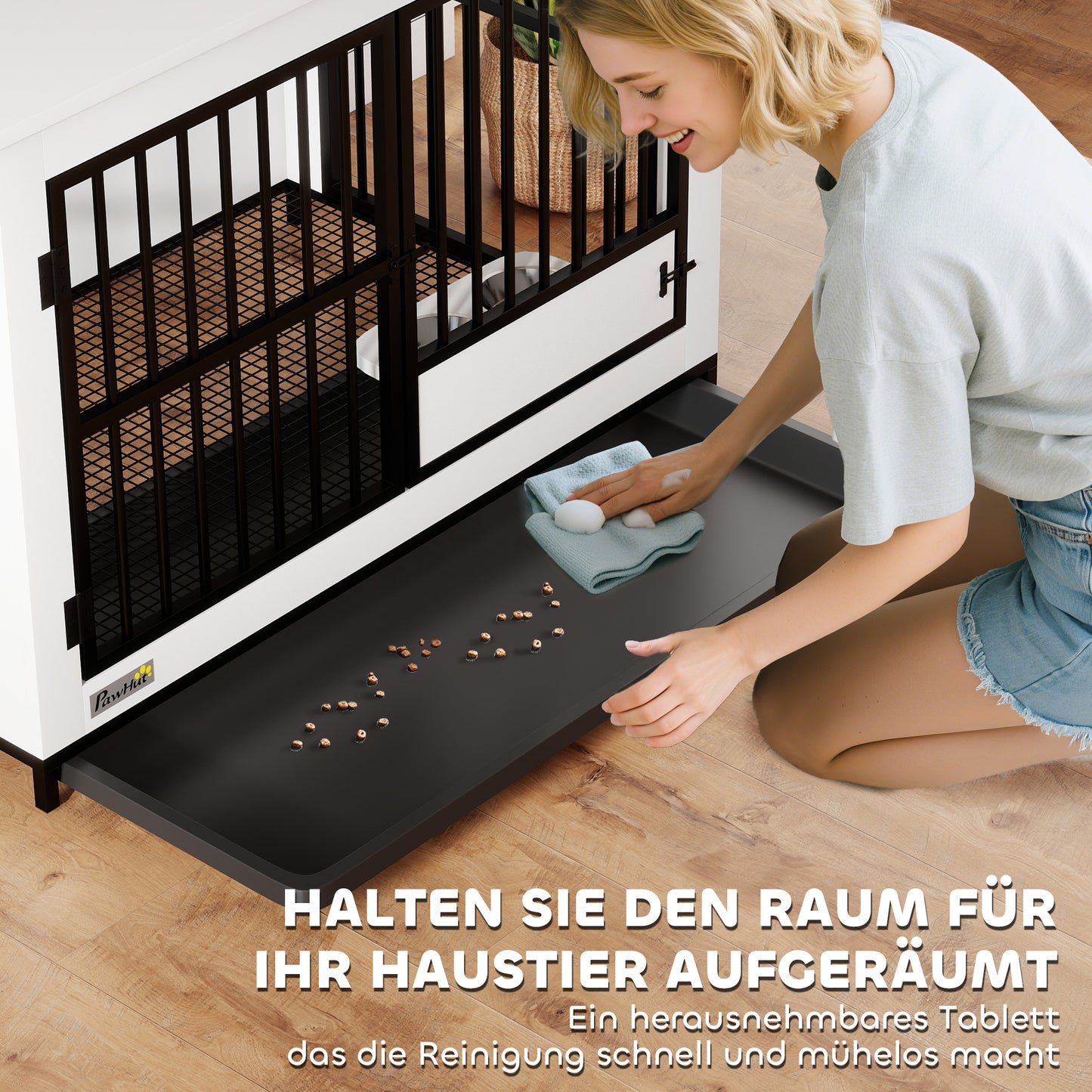 PawHut Große Hundebox, einfacher Zugang, verschließbar, drehbarer Schüsselhalter, für kleine und große Hunde, Weiß