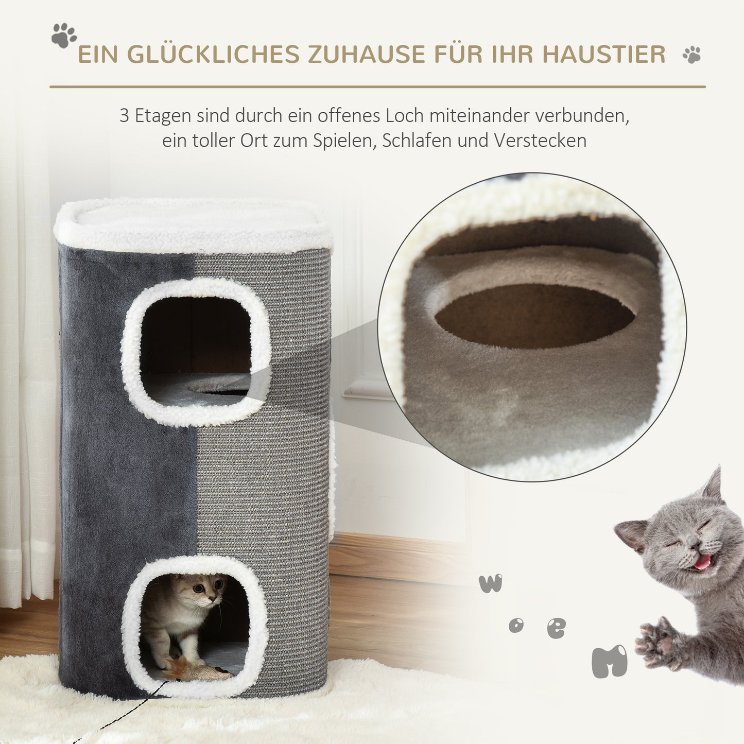 PawHut Kratztonne für Katzen Katzenkratzbaum 3 Ebenen Katzenbaum Kletterbaum für Katzen Katzenmöbel Spanplatte samtartiges Polyester Sisal Grau+Weiß 40 x 40 x 74 cm
