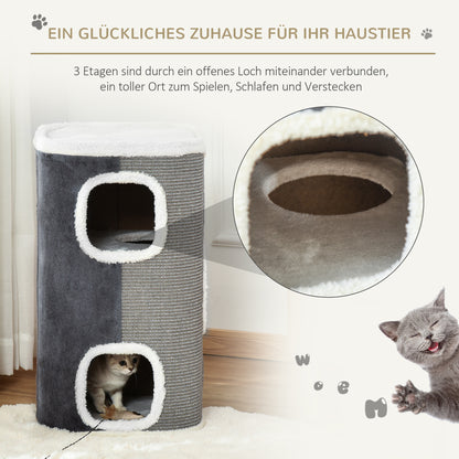 PawHut Kratztonne für Katzen Katzenkratzbaum 3 Ebenen Katzenbaum Kletterbaum für Katzen Katzenmöbel Spanplatte samtartiges Polyester Sisal Grau+Weiß 40 x 40 x 74 cm