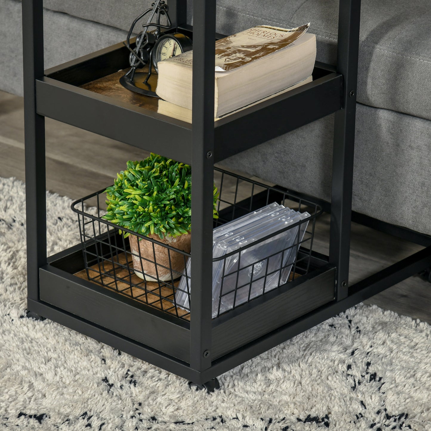 HOMCOM Beistelltisch mit Rädern für Sofa oder Bett, Industriestil, Stahl und Holz, Braun und Schwarz