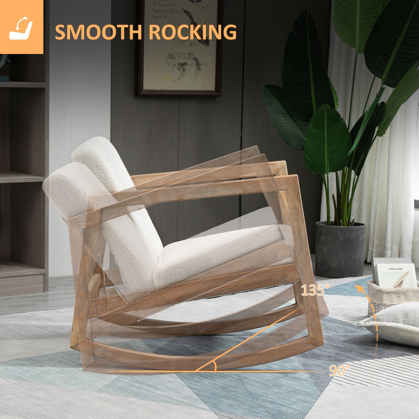 HOMCOM Schaukelstuhl mit Holzrahmen gepolstert Relax Stuhl Sessel Stuhl Wohnzimmersessel Lounge mit gepolsterter Sitzfläche Kautschukholz Cremeweiß 60 x 81 x 71 cm