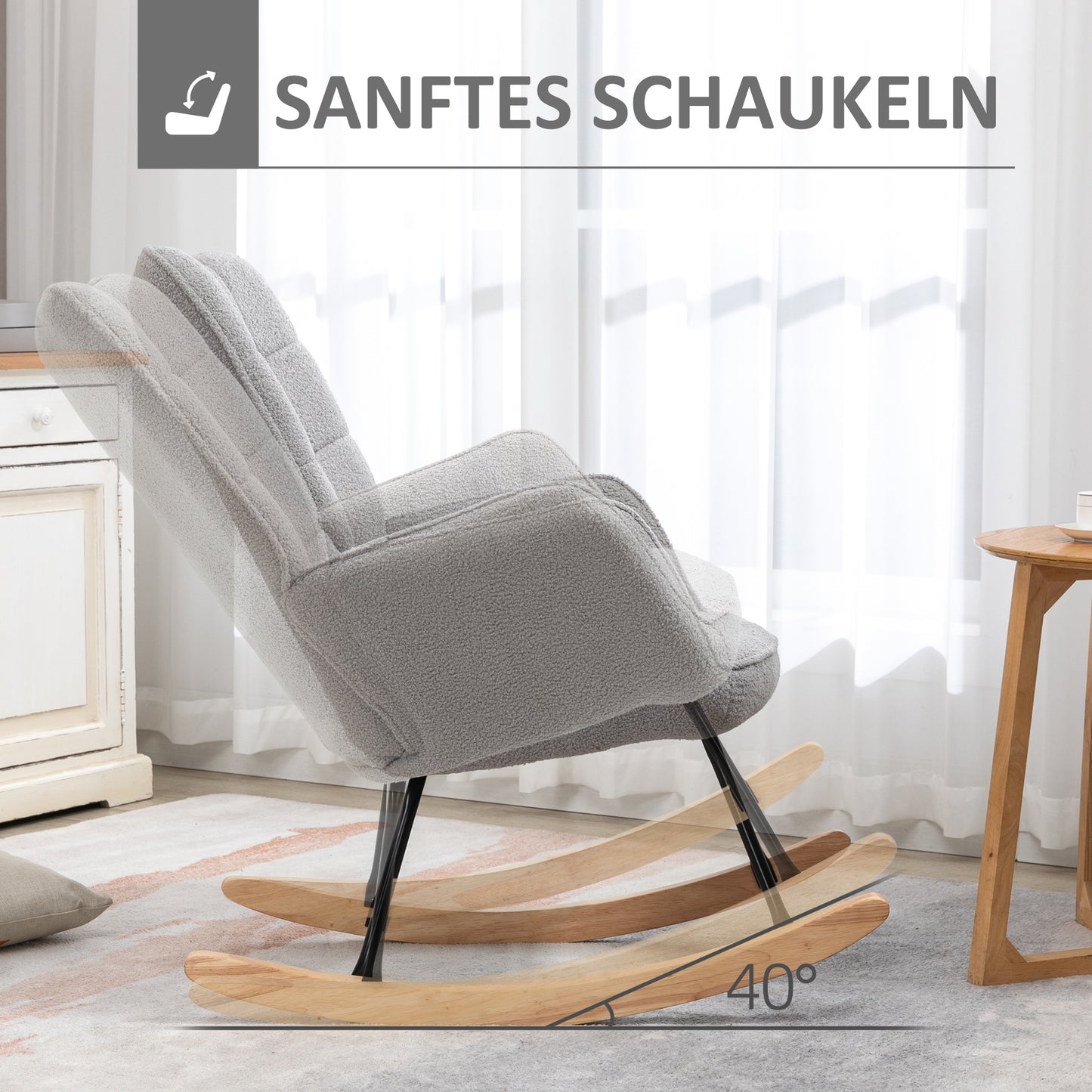 HOMCOM Schaukelstuhl im Retro-Design, Massivholz, Schwingsessel, 71 cm x 92 cm x 101 cm, Hellgrau