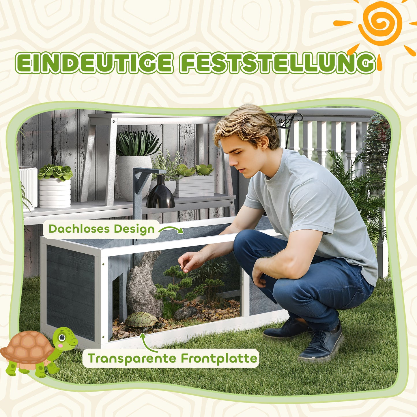 PawHut Schildkrötenhaus mit leicht zu öffnender Oberseite, Lampenvorrichtung, transparenter Front, 120 x 50 x 40 cm, Grau
