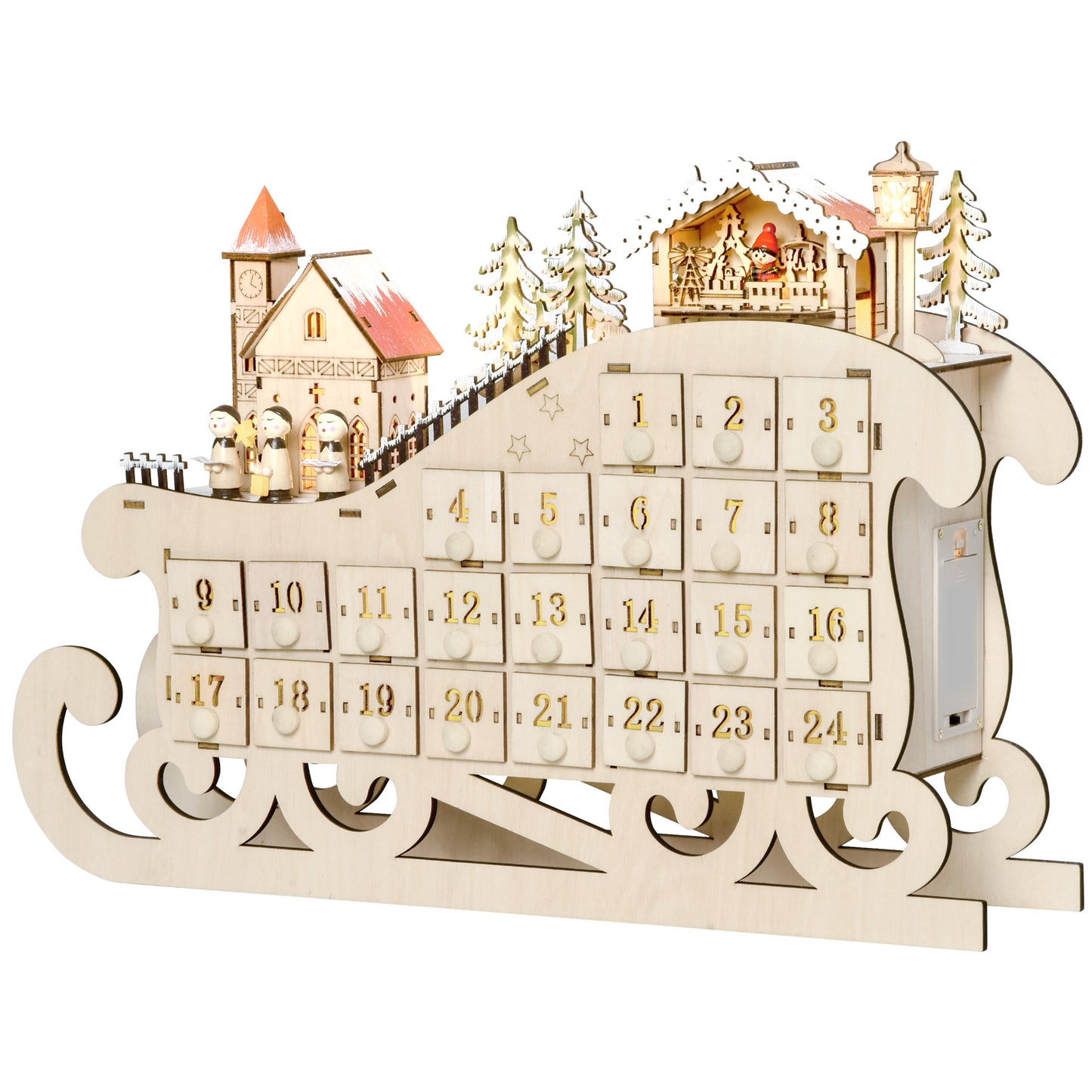 HOMCOM Adventskalender zum Befüllen mit 24 Schubladen LED-Lichtern Schlitten-Form, DIY Weihnachtskalender Weihnachts-Countdown-Kalender Geschenk für Kinder Erwachsene