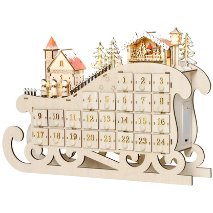 HOMCOM Adventskalender zum Befüllen mit 24 Schubladen LED-Lichtern Schlitten-Form, DIY Weihnachtskalender Weihnachts-Countdown-Kalender Geschenk für Kinder Erwachsene