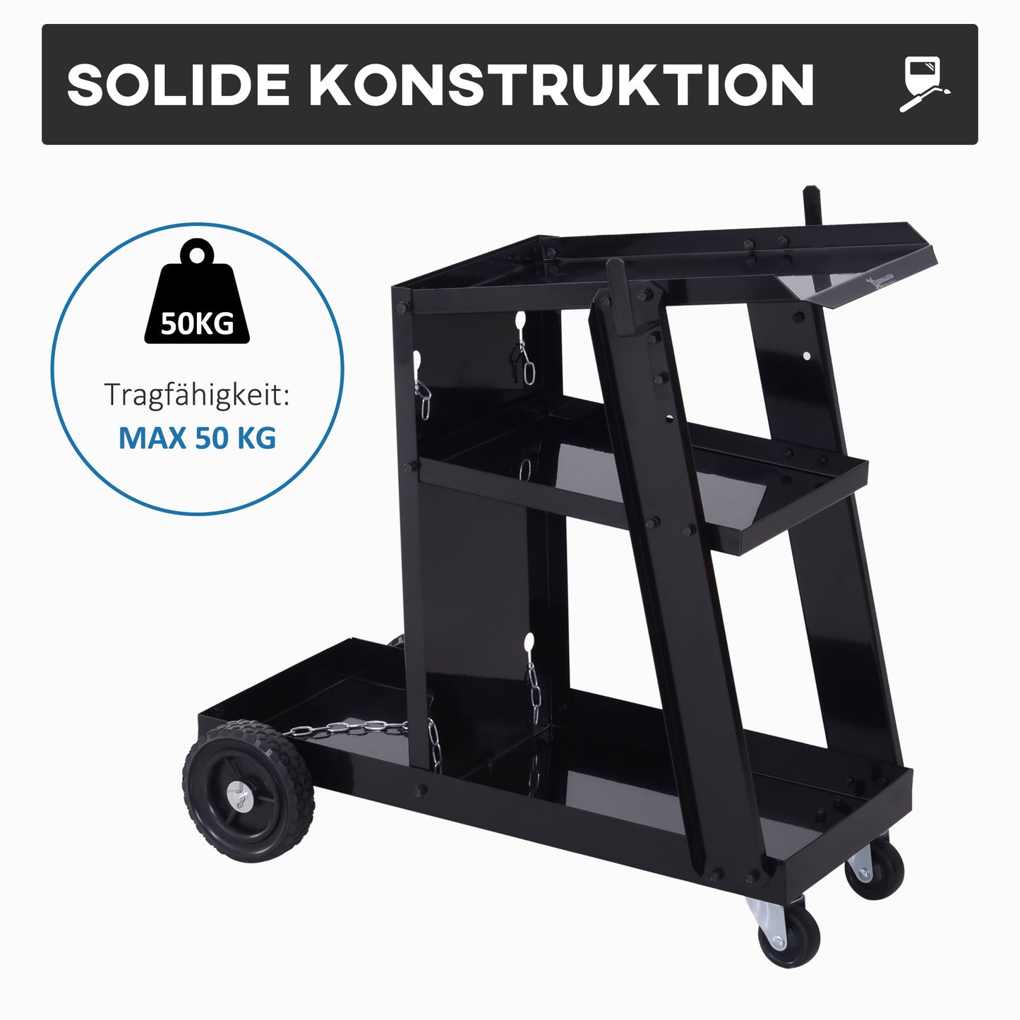 DURHAND Schweißwagen, 3 Ablagen, Sicherheitskette, 4 Räder, Stahl, 71 x 39 x 70cm, Schwarz