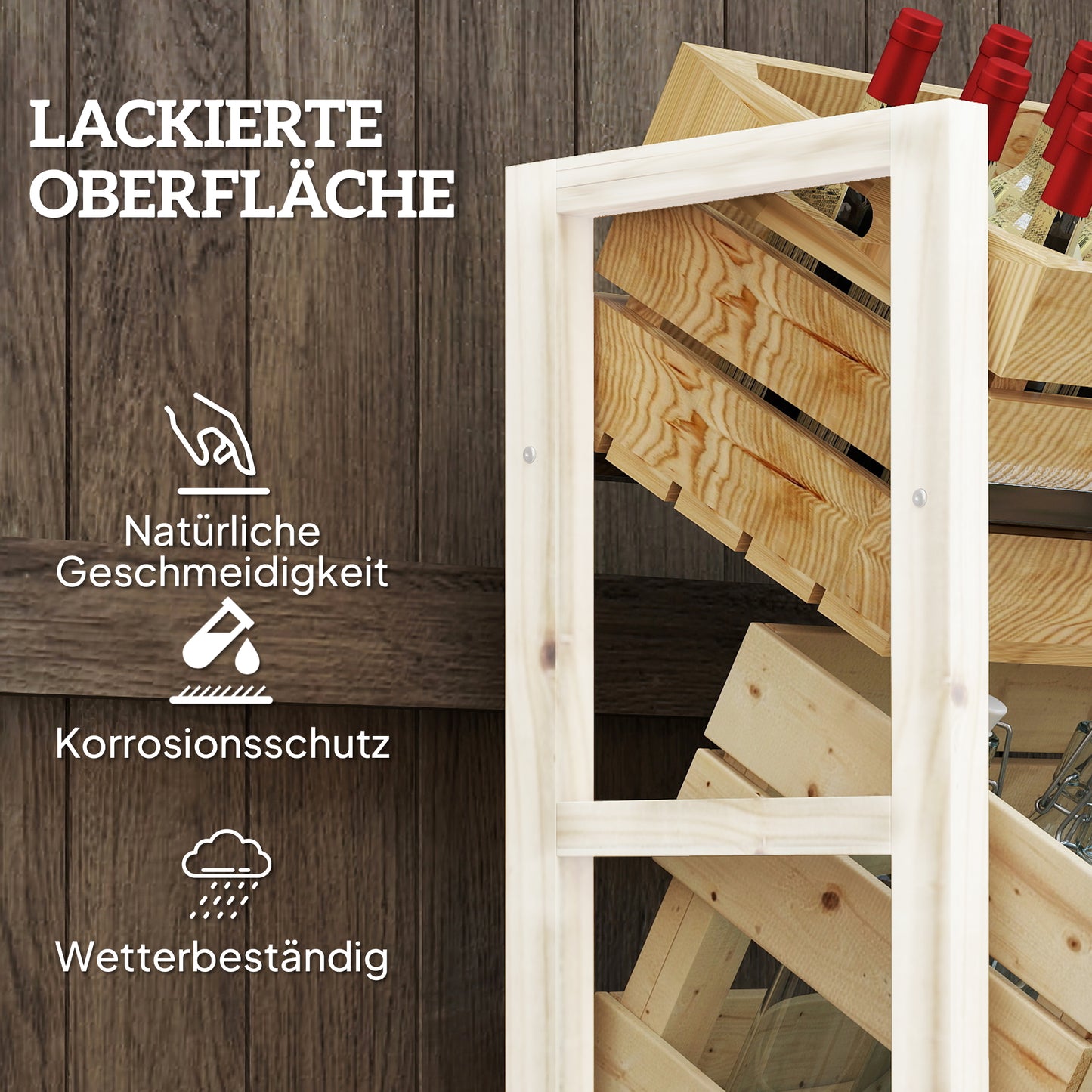 Outsunny Getränkekistenregal für 3 Getränkekisten Getränkeregal Holz Kistenregal mit 3 Ebenen 56 x 32 x 112 cm Naturholz