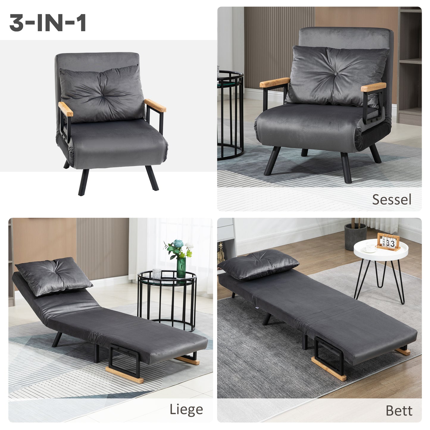 HOMCOM Relaxsessel im Skandidesign, Liegesessel, Lesesessel. ink. Kissen mit Knopfhefung, Schwarz + Natur
