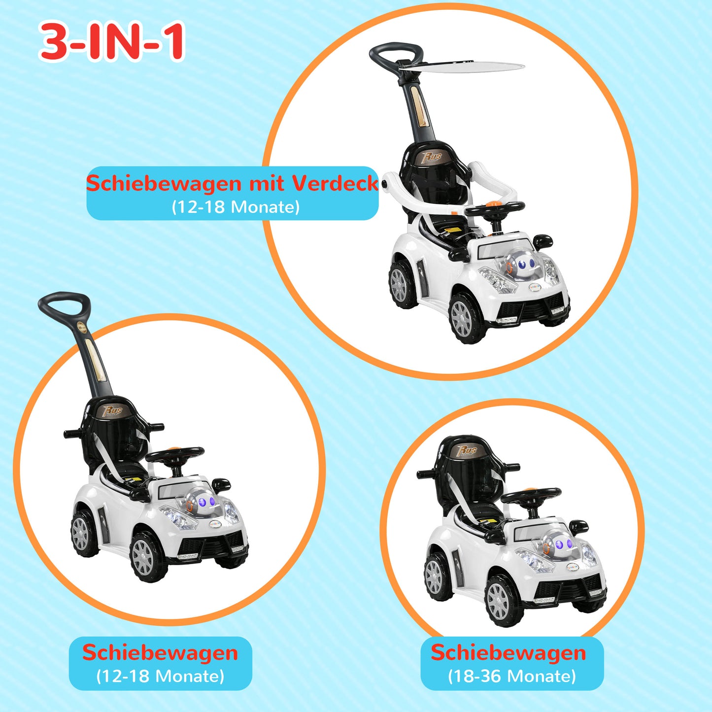 AIYAPLAY 2-in-1 Rutschauto, abnehmbares Verdeck, Lichter, Musik, Hupe, Kunststoff und Metall, 96 x 39 x 90 cm, Weiß/Schwarz