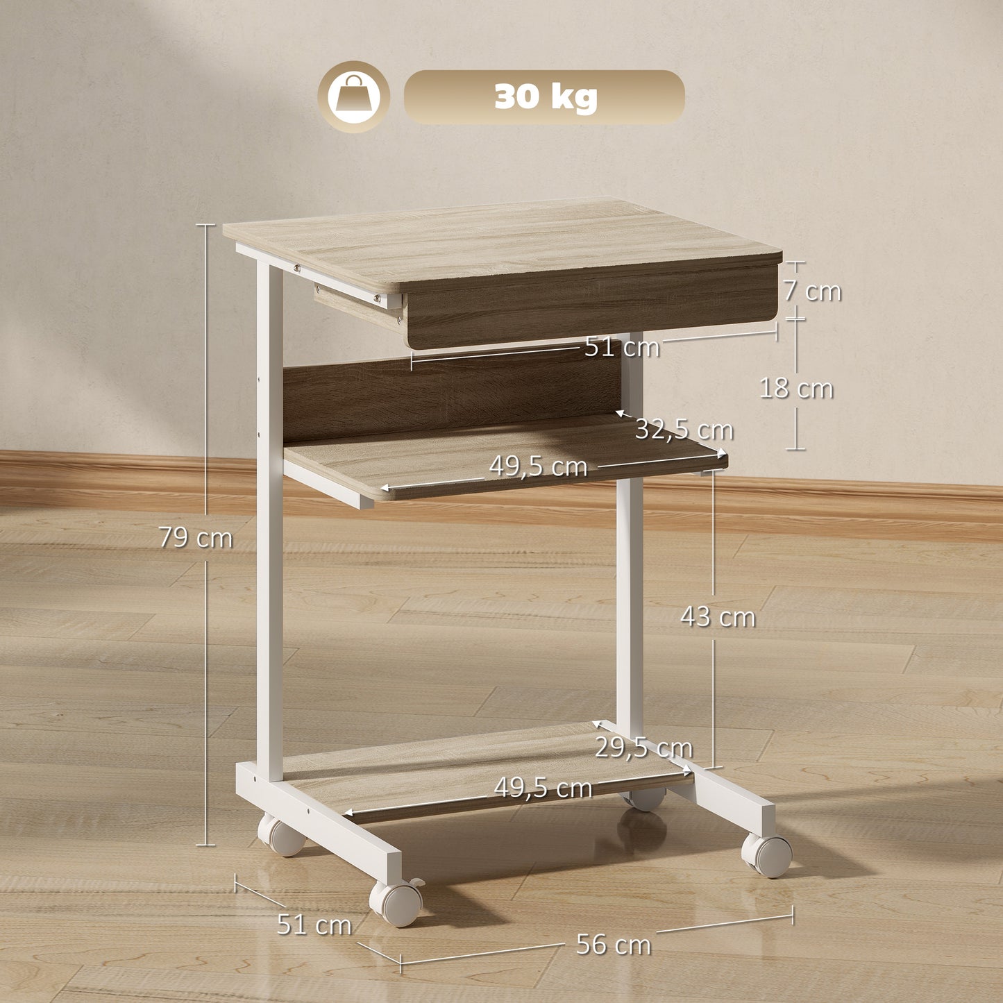 HOMCOM Roll-Schreibtisch mit Schublade und Regalen, 4 Räder, kompakt, Spanplatte, Metall
