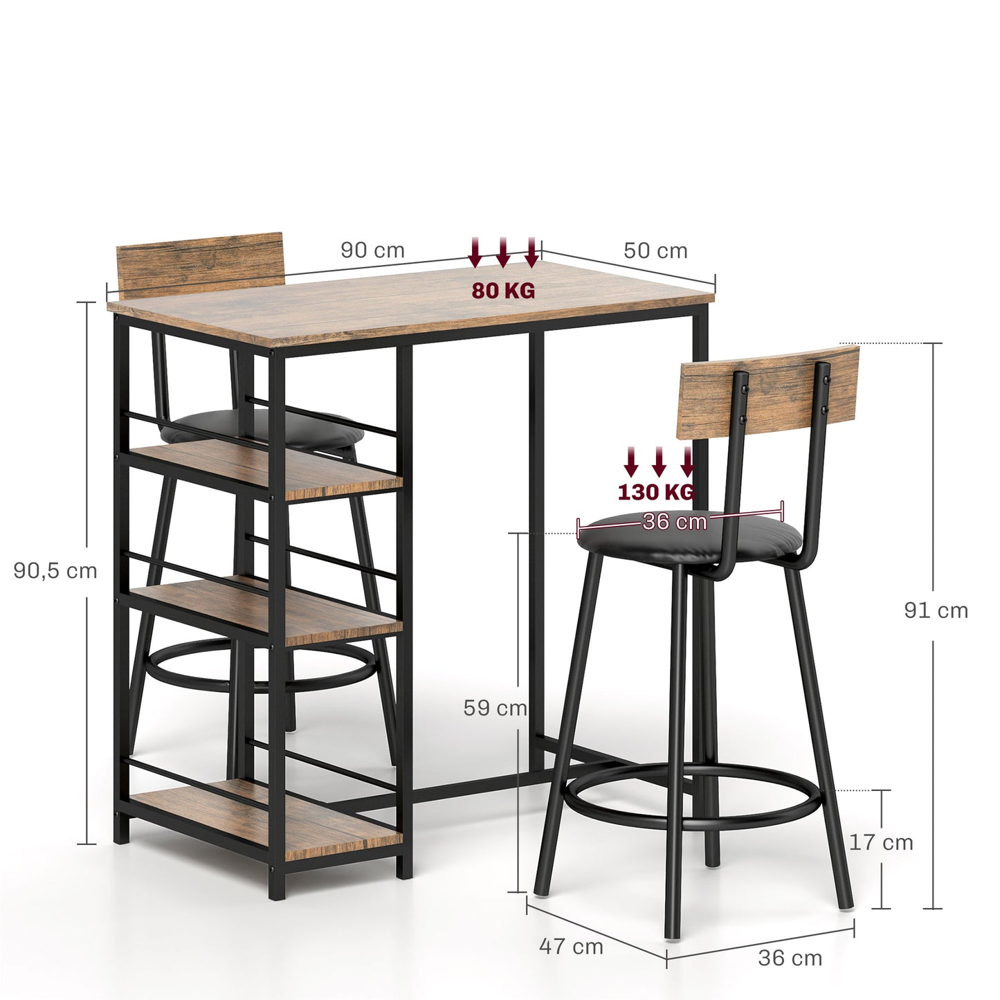HOMCOM 3-teiliges Ess-Set mit Bartisch und 2 Stühlen, Kleines Küchenset mit seitlichen Regalen, MDF, Metall, Schwarz
