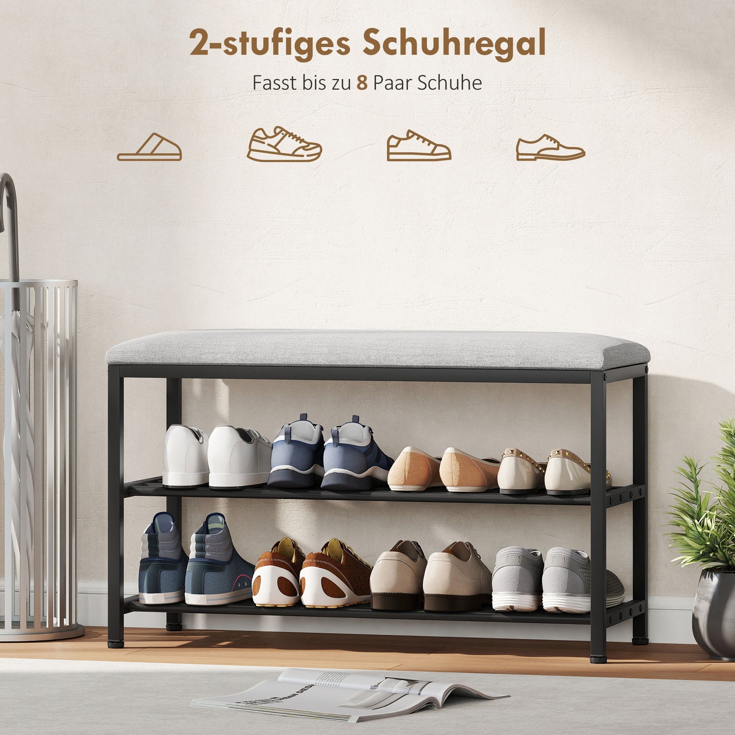 HOMCOM Schuhbank mit Sitzfläche, Sitzbank mit Stauraum, Schuhregal mit 2 offene Fächer, Sitzbank 81 x 31 x 50 cm Schwarz
