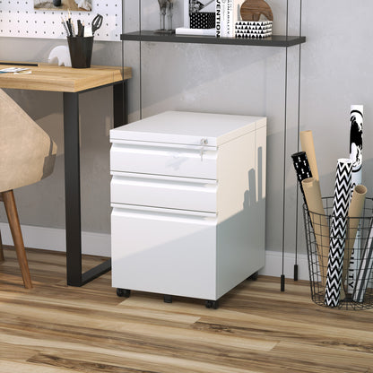 HOMCOM Rollcontainer mit 3 Schubladen mobiler Aktenschrank mit Rollen abschließbar Büroschrank mit konkavem Griff, Schubladenschrank für Büro, Homeoffice, 39 x 48 x 60 cm, Weiß