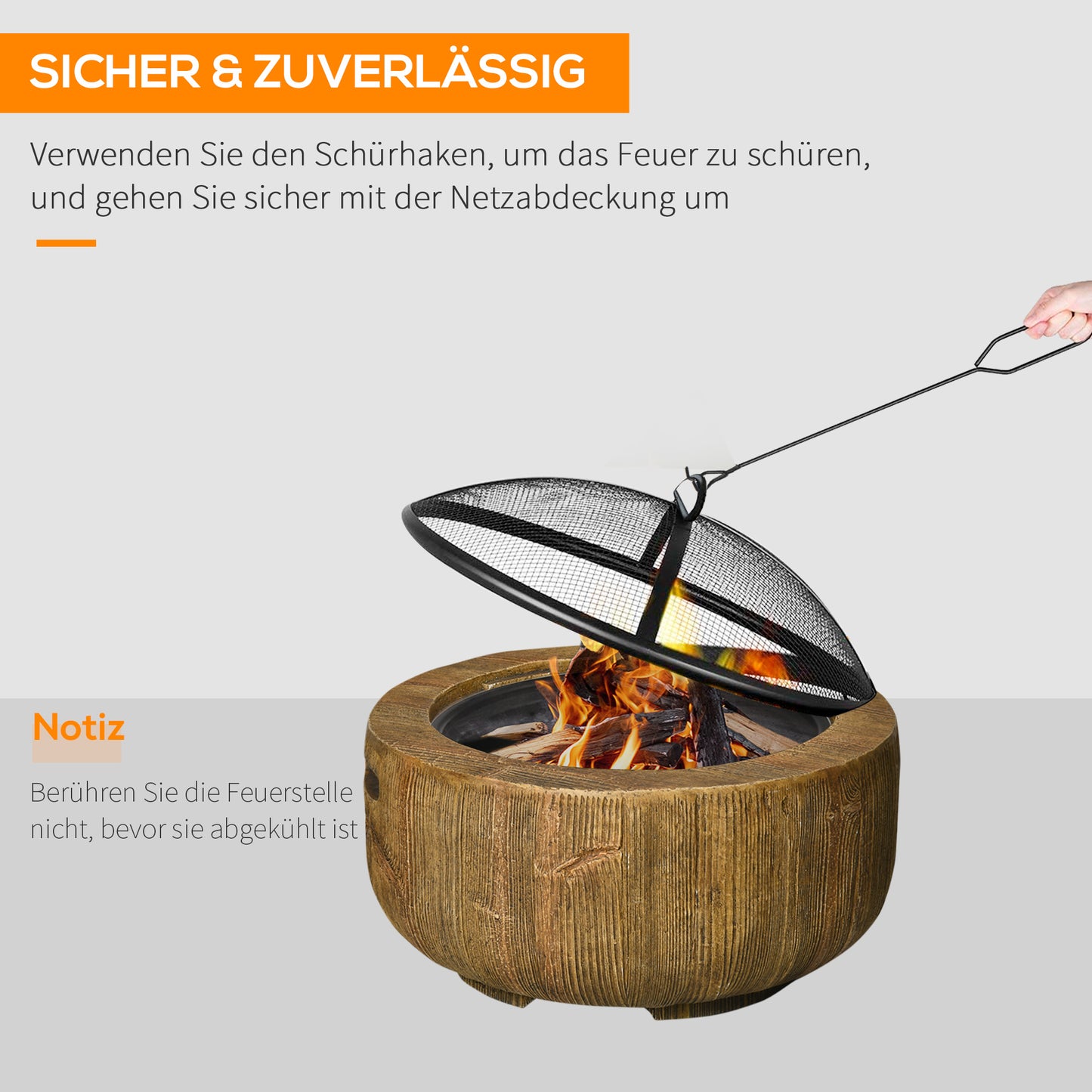 Outsunny Feuerschale im Baumstumpf-Design, Funkengitter, Kohlerost, Schürhaken, Ø61,5 x 39 cm
