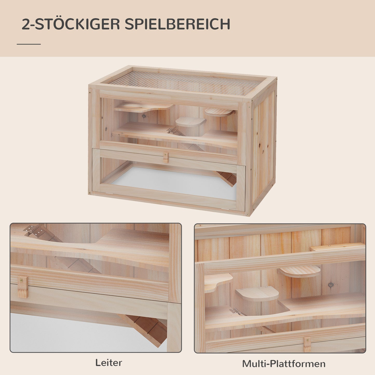 PawHut Kleintierkäfig Nagerkäfig Holz 60 x 35 x 42 cm