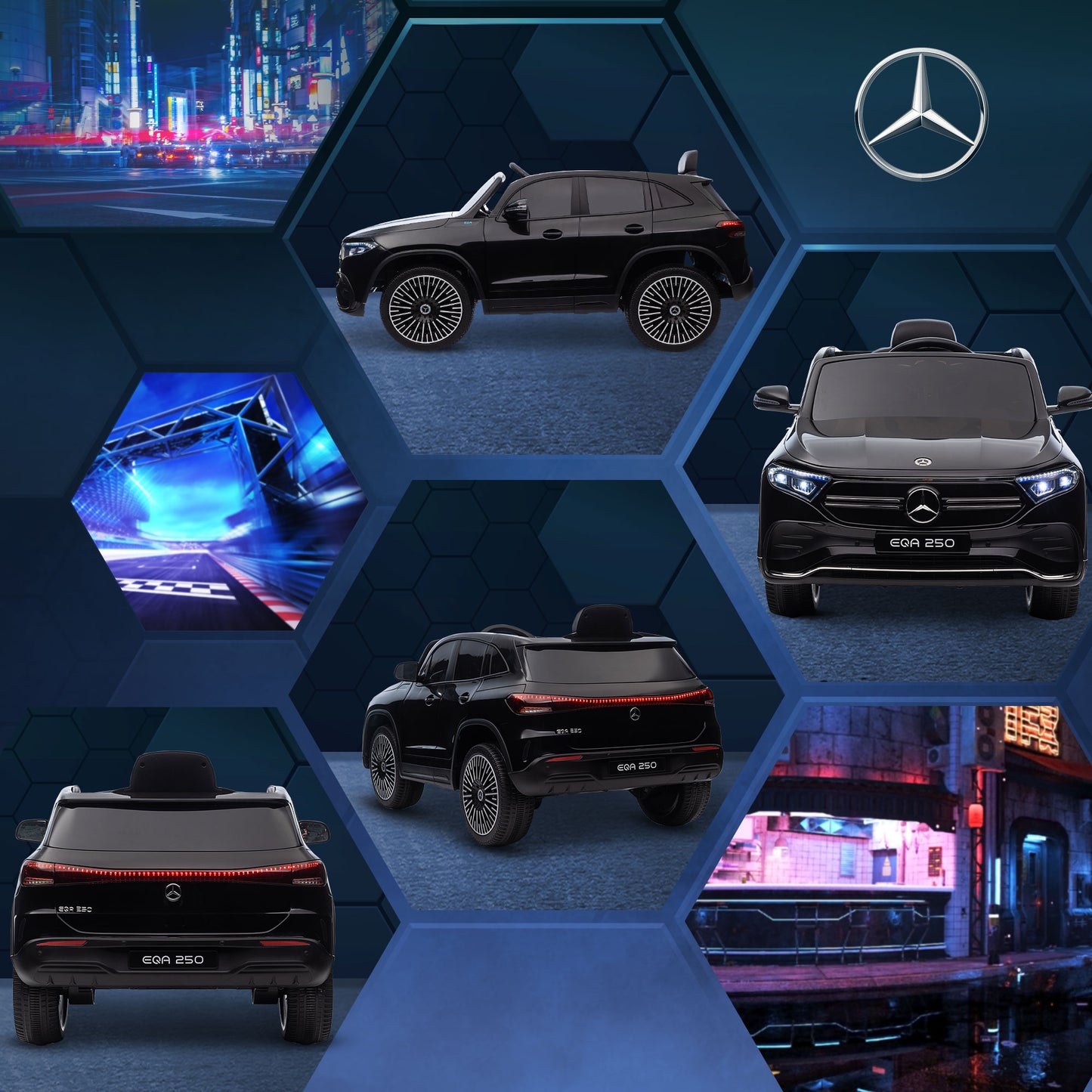 HOMCOM Elektro Kinderauto, lizenzierter Mercedes-Benz EQA, 3-8 km/h, Musik, Scheinwerfer, Hupe, Fernsteuerung, schwarz