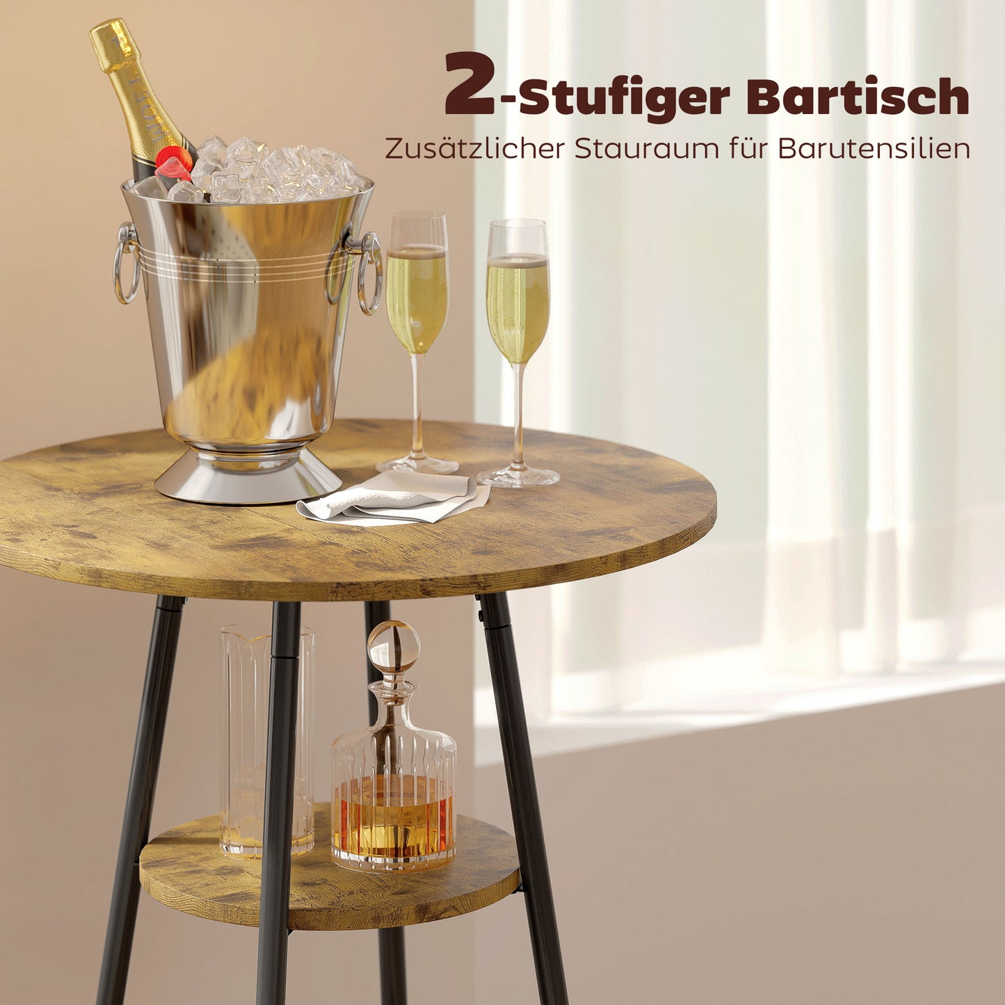 HOMCOM 3-teiliges Bartisch-Set mit 2 gepolsterten Hockern, Kunstleder-Bezug, Rückenlehne, Metallgestell, Braun