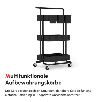 HOMCOM Rollwagen mit 3 Etagen، Ablagekörben، Haken، Beistellwagen für Küche oder Wohnzimmer، Stahl، Kunststoff، Schwarz