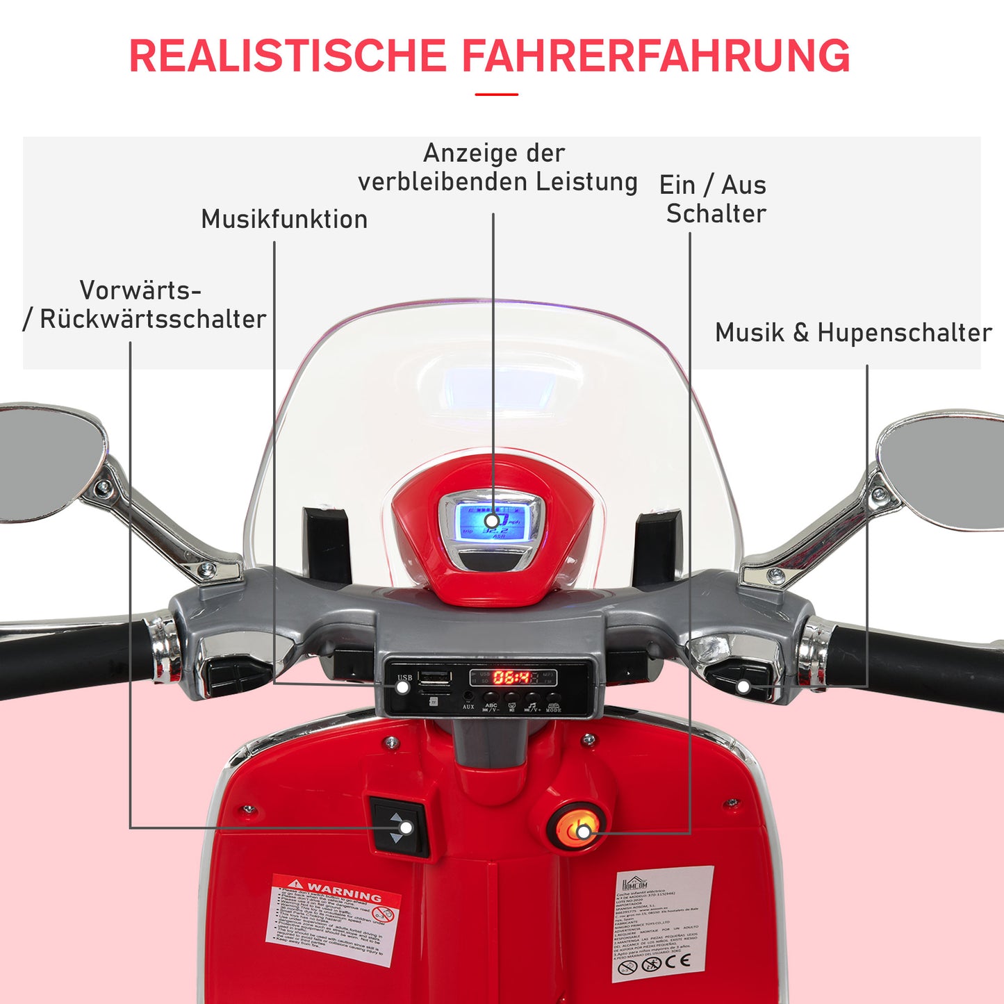 HOMCOM Elektro Kindermotorrad Elektromotorrad mit MP3, Musik, Scheinwerfer, Vor- und Rückwärtsgang, Kinder Elektro Motorrad für 3-6 Jahre Kinder, Rot