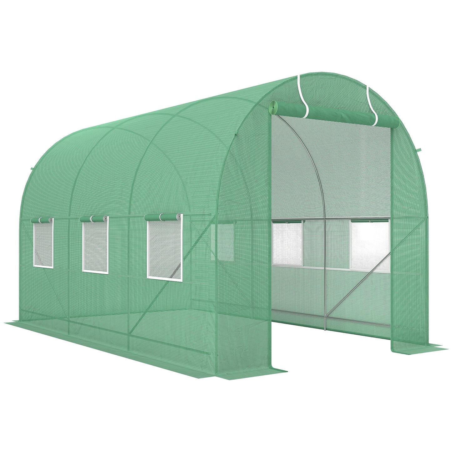Outsunny Gewächshaus 350x200x200cm Foliengewächshaus Tomatenhaus mit Tür, 6 Fenster, Folientunnel aus verzinktem Stahl, PE, stabiles Treibhaus Pflanztunnel, inkl. Erdanker & Seilen, Grün