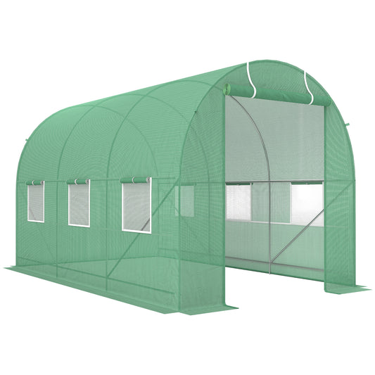 Outsunny Gewächshaus 350x200x200cm Foliengewächshaus Tomatenhaus mit Tür, 6 Fenster, Folientunnel aus verzinktem Stahl, PE, stabiles Treibhaus Pflanztunnel, inkl. Erdanker & Seilen, Grün