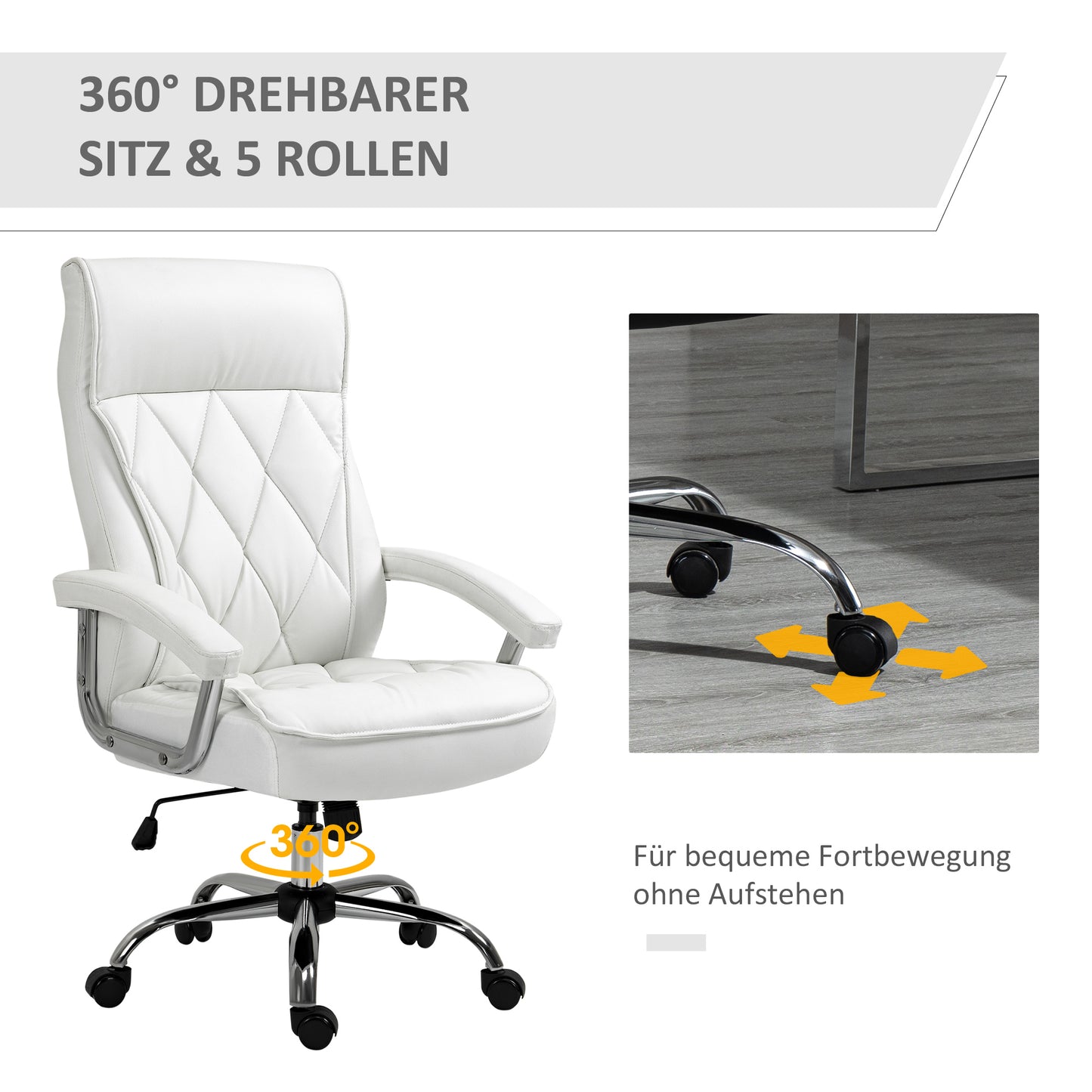 Vinsetto Bürostuhl, ergonomischer Schreibtischstuhl, höhenverstellbarer Drehstuhl mit Wippfunktion, Rautenmuster, Kunstleder, gepolsterter Chefsessel, Weiß