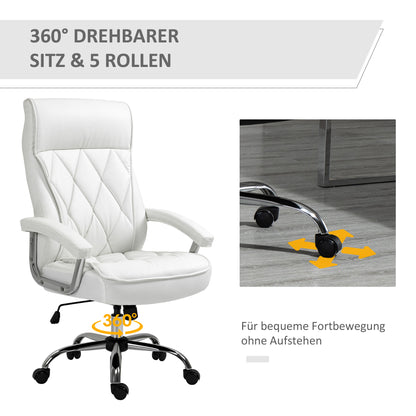 Vinsetto Bürostuhl, ergonomischer Schreibtischstuhl, höhenverstellbarer Drehstuhl mit Wippfunktion, Rautenmuster, Kunstleder, gepolsterter Chefsessel, Weiß